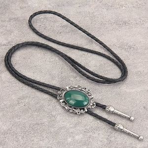 New Leather green stone bolo tie